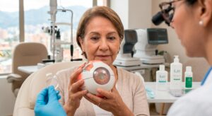 Oftalmóloga explicando el procedimiento de cirugía de catarata y el implante de lente intraocular (LIO) con modelo anatómico en consultorio de iLab Bogotá.