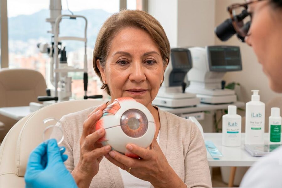 Oftalmóloga explicando el procedimiento de cirugía de catarata y el implante de lente intraocular (LIO) con modelo anatómico en consultorio de iLab Bogotá.